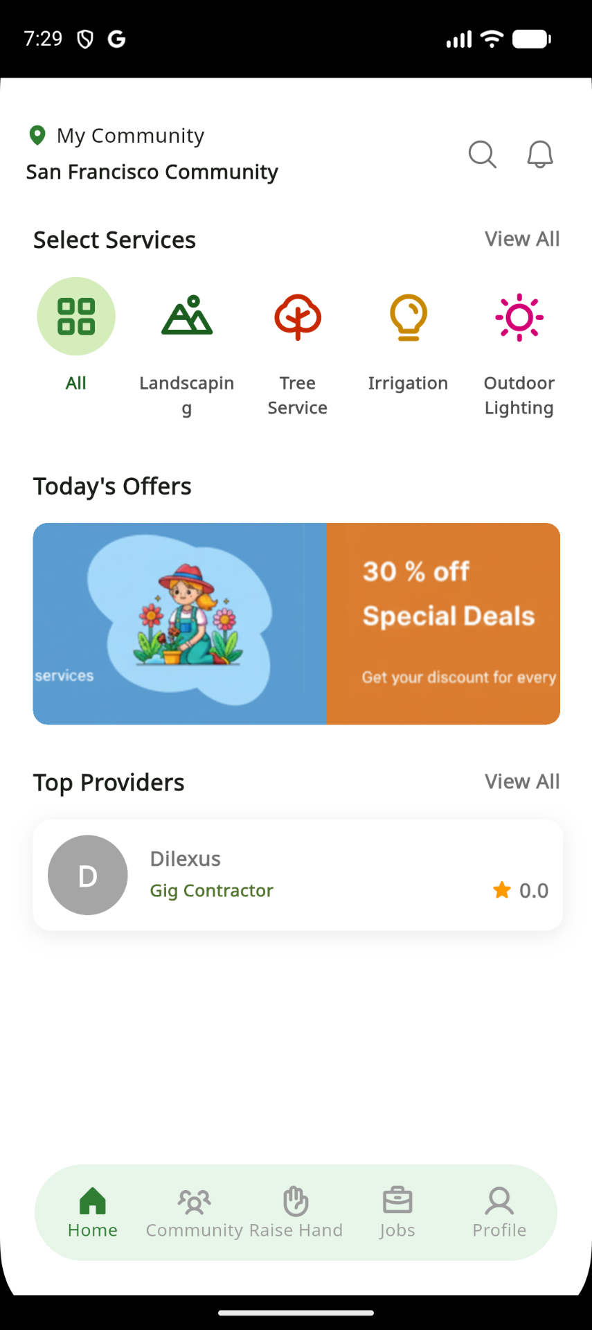 GRDN Helper home screen showing local garden services