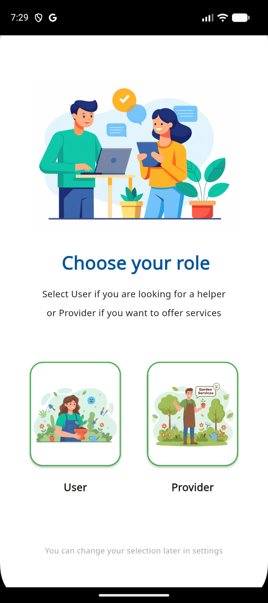 Choose your role: user or provider